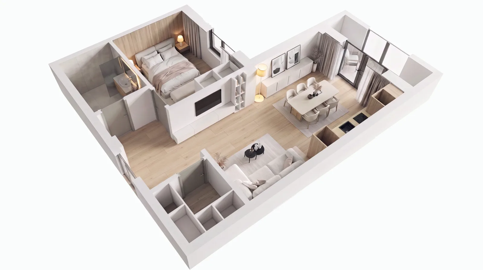 Plan 3D complet AP.02, apartament cu 2 camere