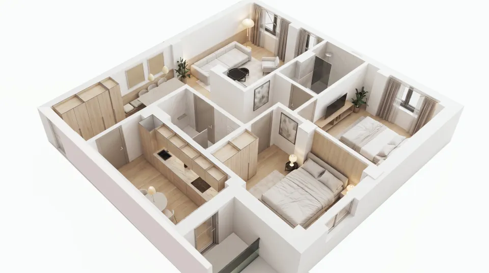 Plan 3D al apartamentului AP.04 cu trei camere